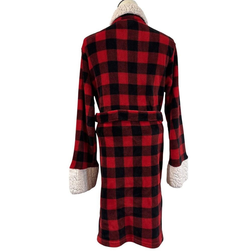 Red Black Buffalo Plaid Sherpa Fleece Robe Womens L Tie Waist Pockets Just Love - Picture 2 of 16